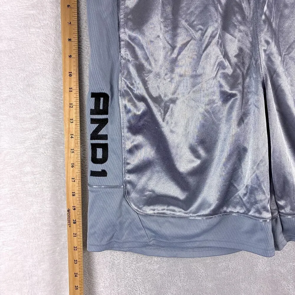 VTG AND1 Shorts Men XL Silver Dazzle Basketball Shiny Silky Mesh Gym Workout Y2K